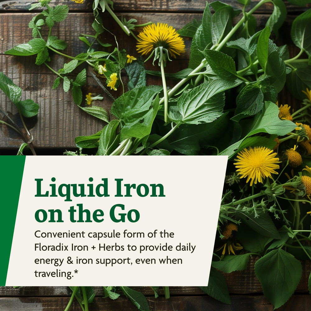 Glass with Floradix liquid drops demonstrates easy daily intake.