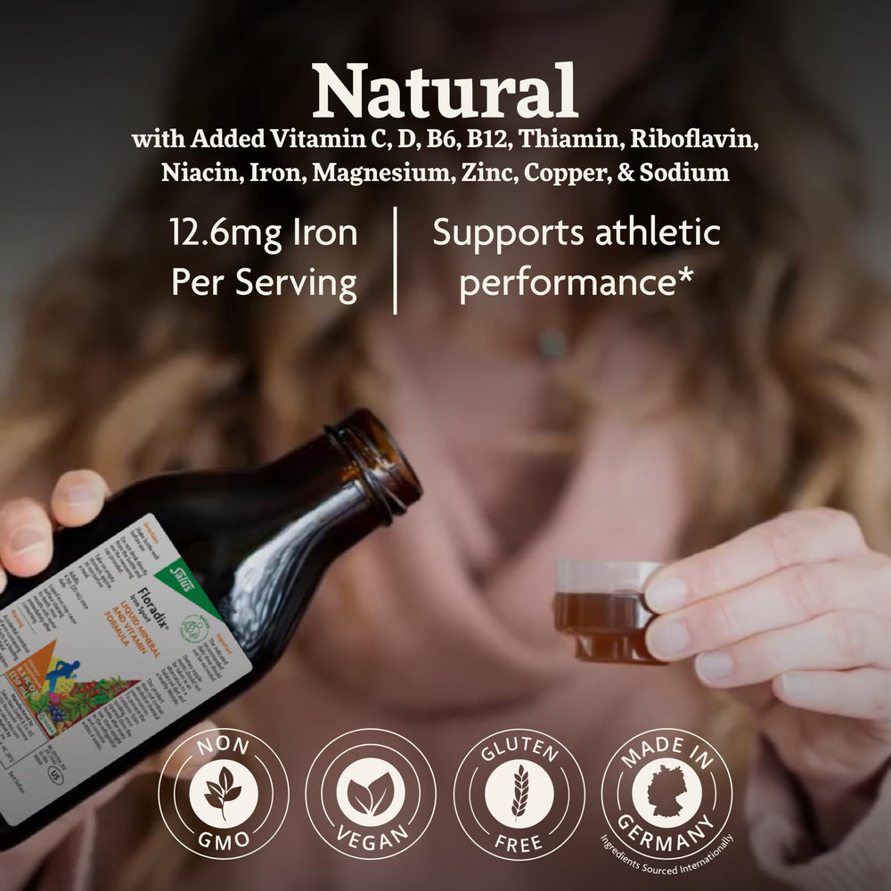 Floradix Iron Sport label detail shows vegan and non-GMO benefits.