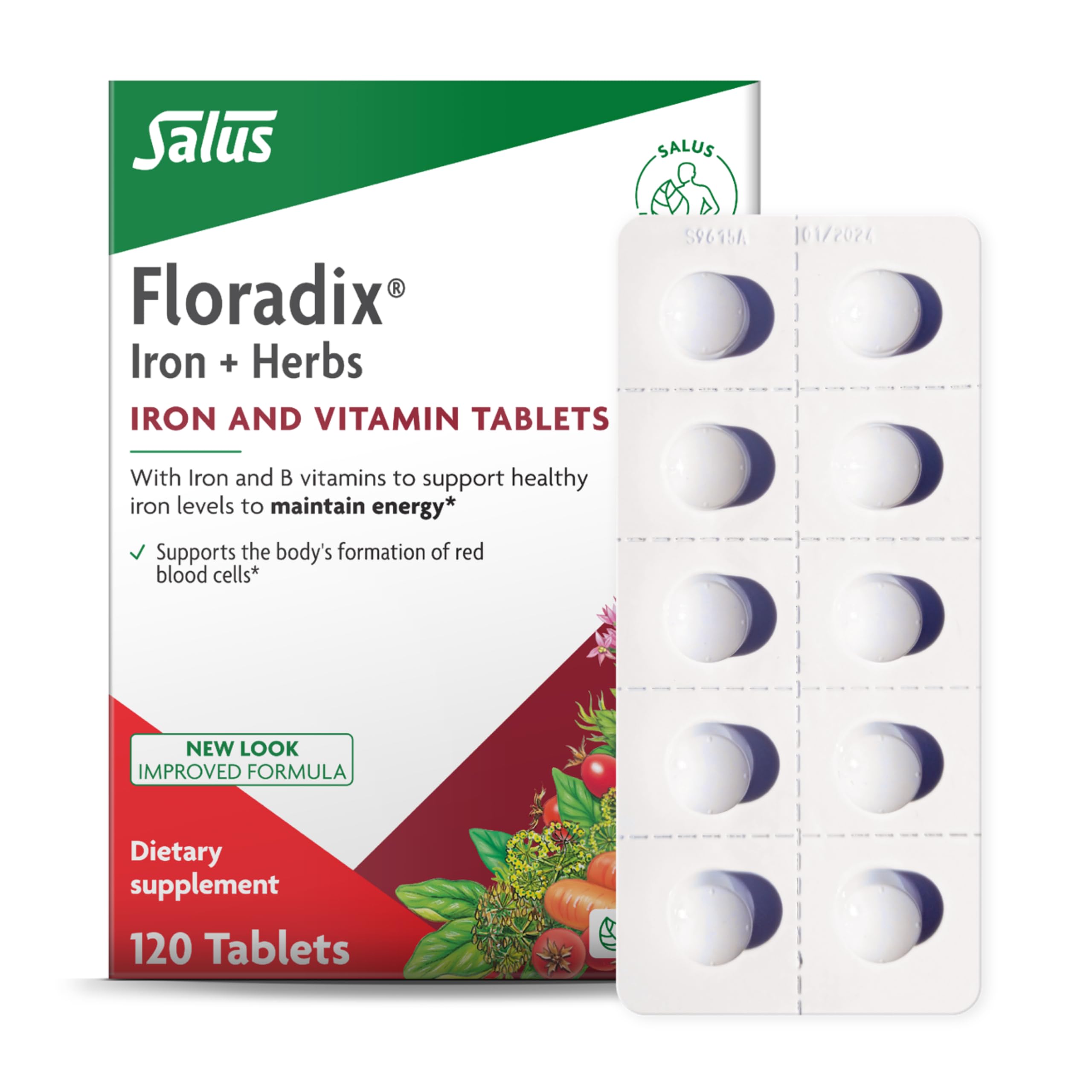 Floradix iron tablets bottle close-up showing vegan, gluten-free formula for energy support