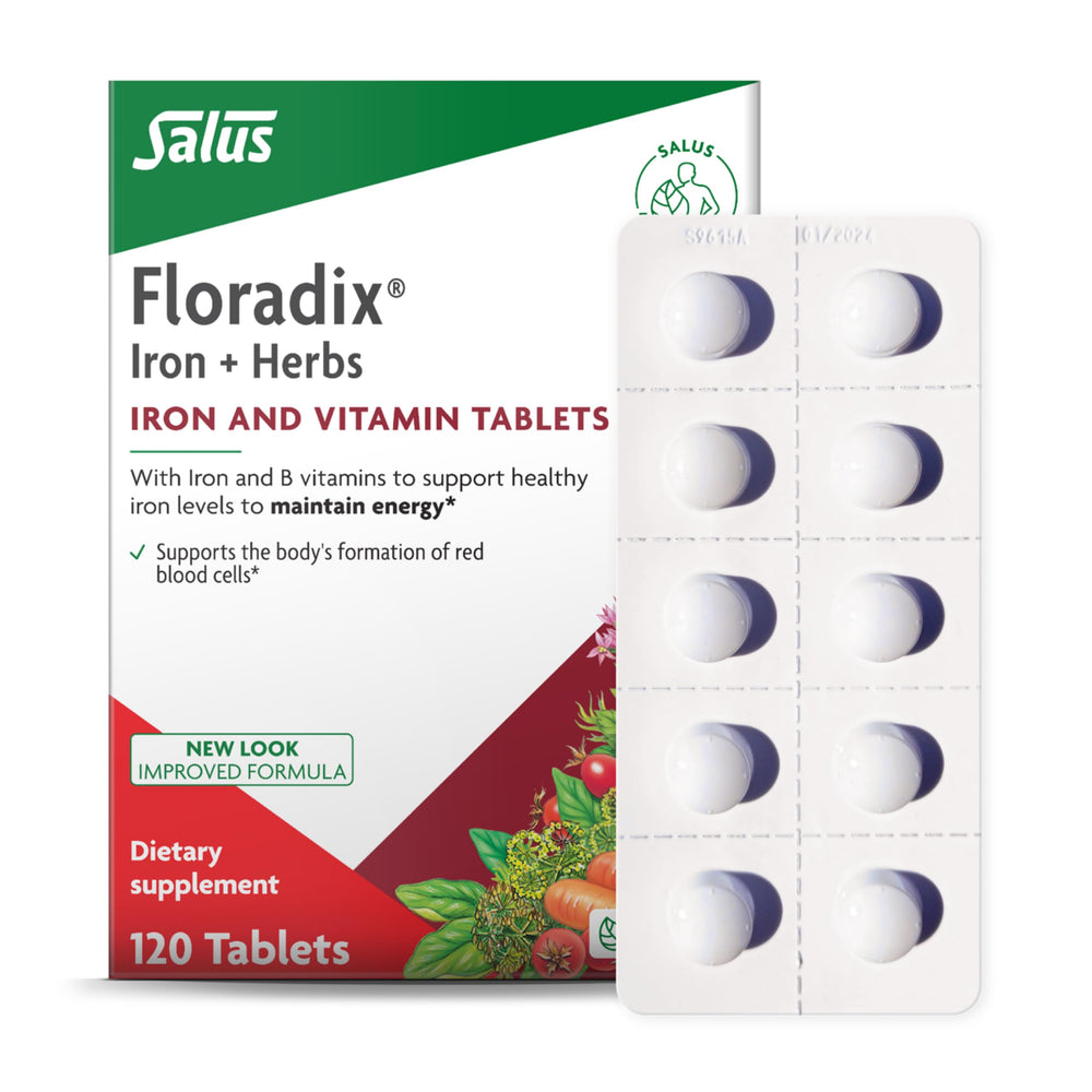 Floradix iron tablets bottle close-up showing vegan, gluten-free formula for energy support