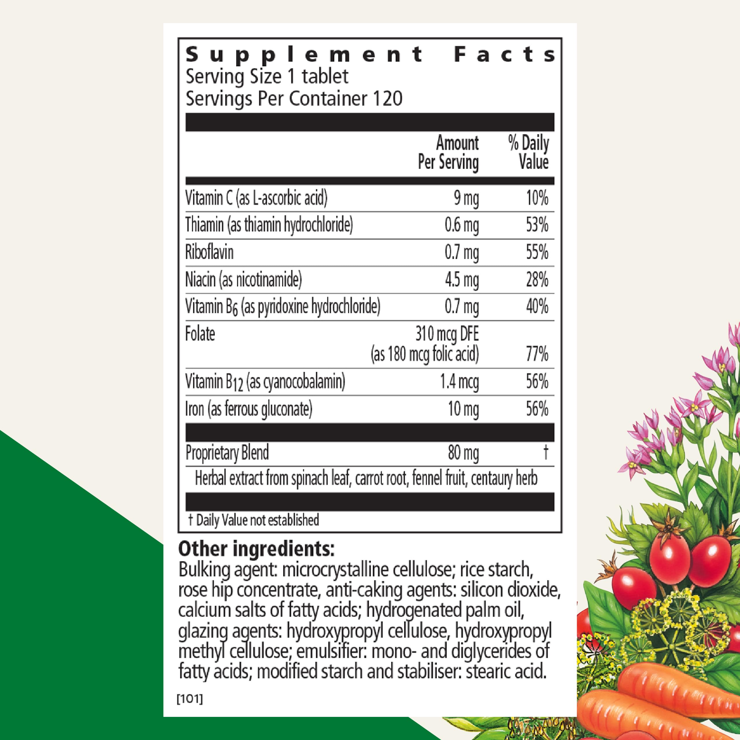 Floradix iron tablets packaging highlights 120 tablets and German purity for easy daily use