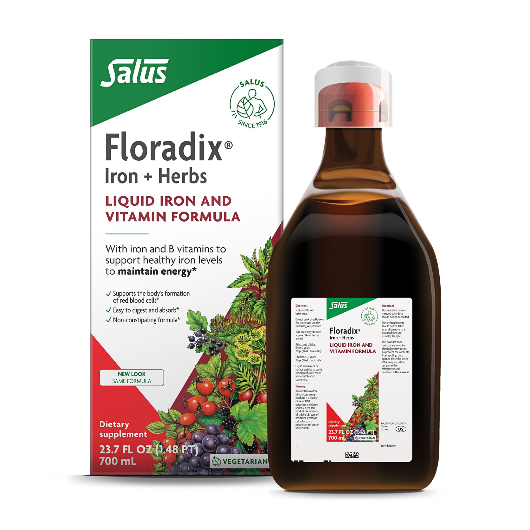 Floradix Iron & Herbs bottle in amber highlights herbal support for daily energy.