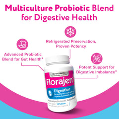Florajen Digestion capsules close-up highlights 15 billion CFUs per capsule.