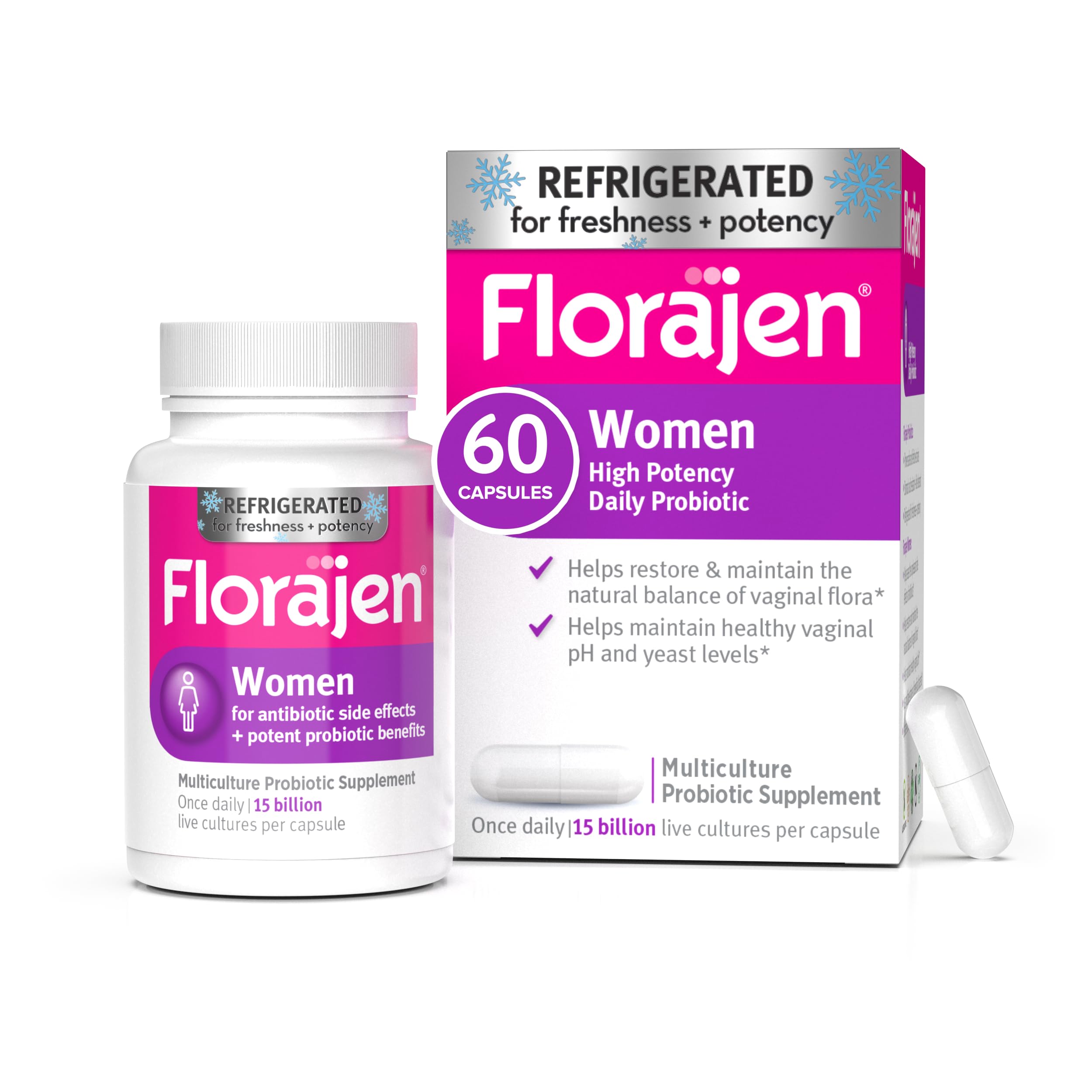 Florajen Women's Probiotic bottle shows the multi-strain formula for vaginal and gut support.