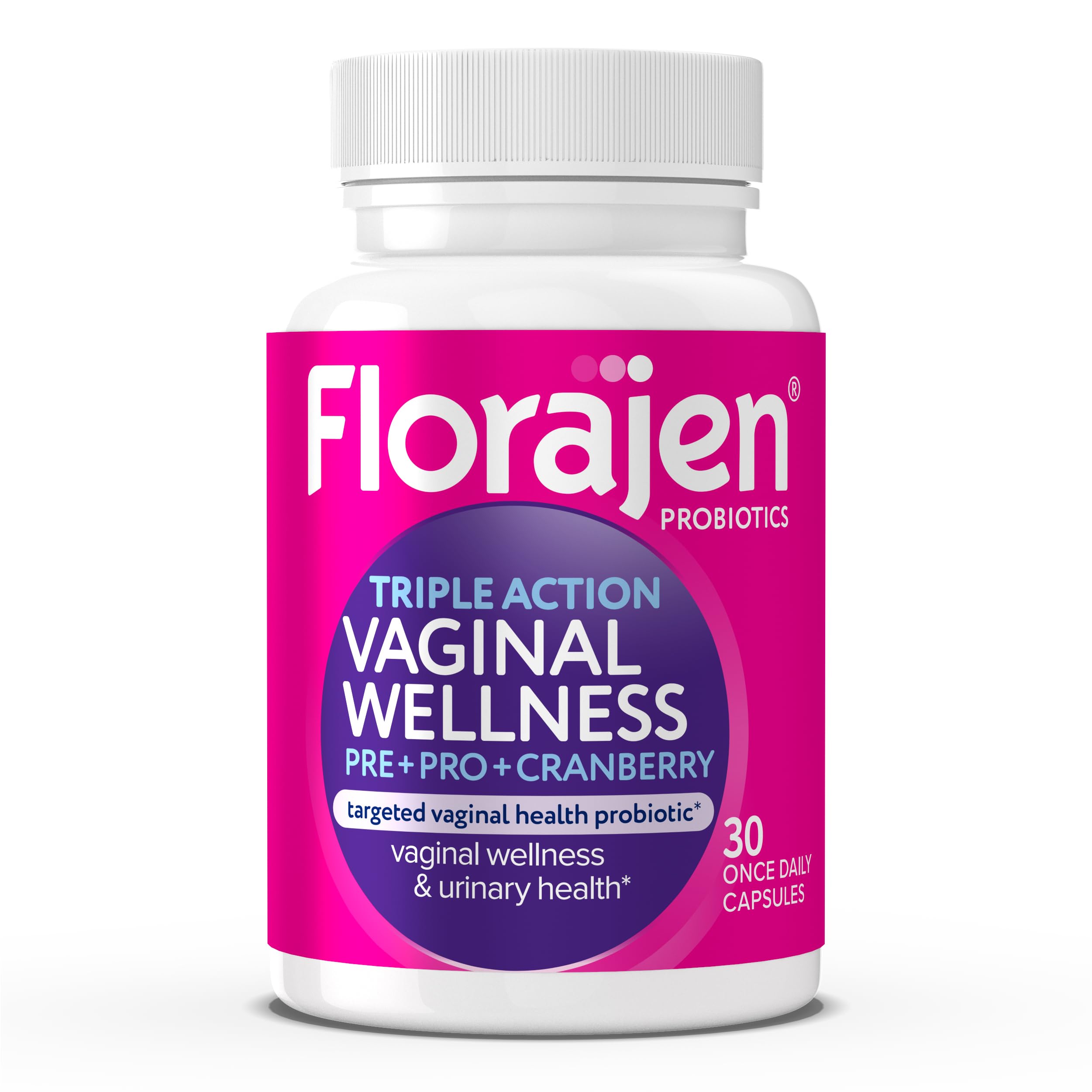 Florajen Women’s Triple-Action bottle displaying capsules for daily digestive, vaginal, and immune support