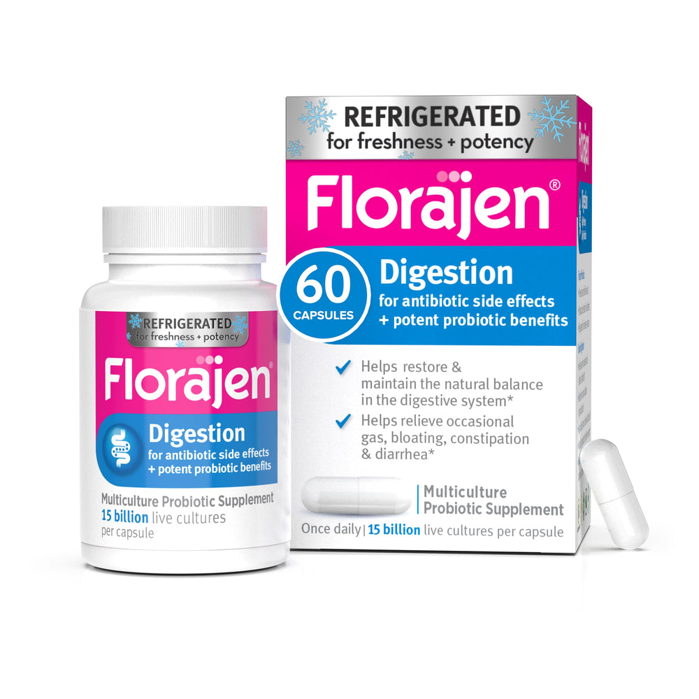 Florajen3 Digestion bottle front shows high potency probiotics for gut balance.
