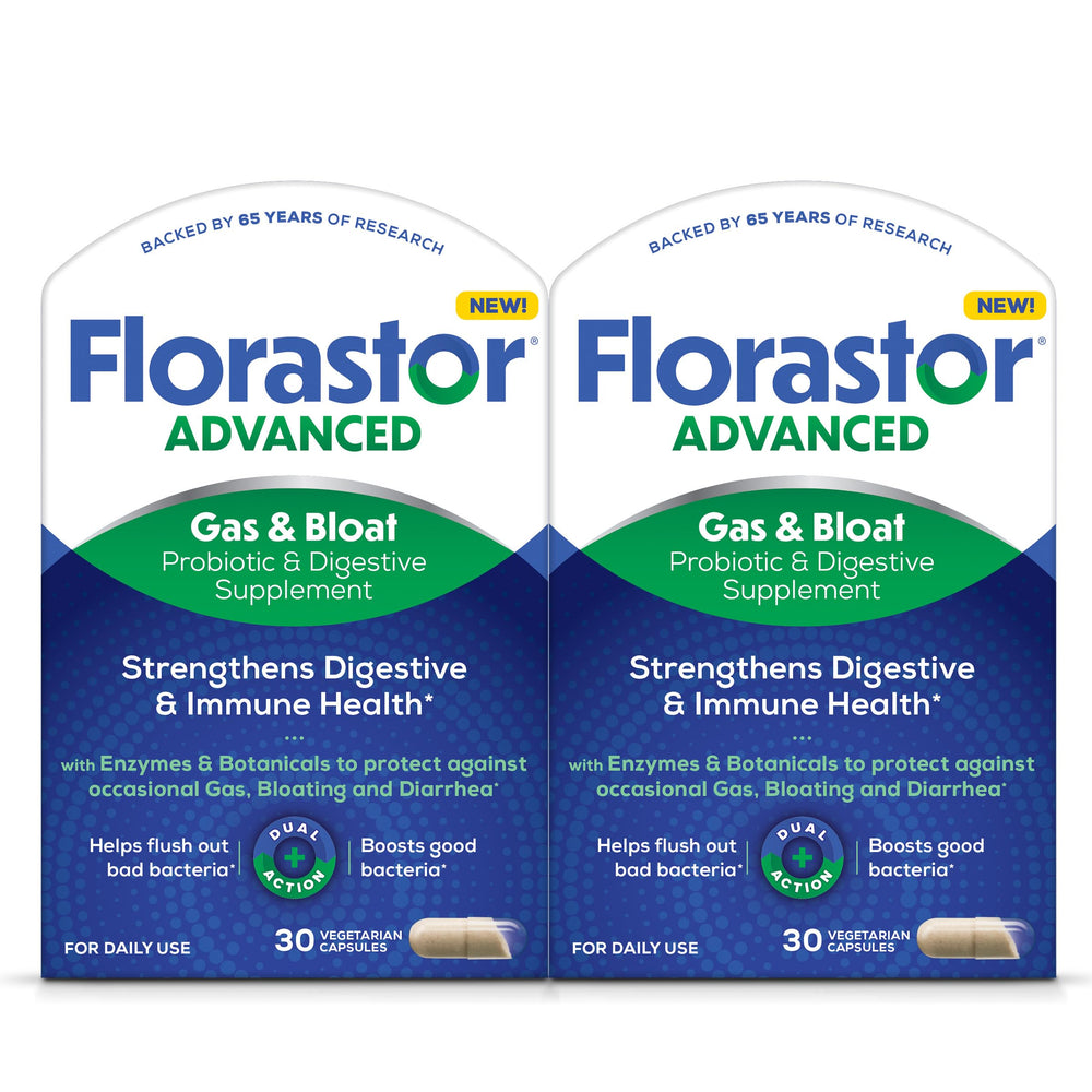 Florastor Advanced bottle with capsules for daily gut balance.