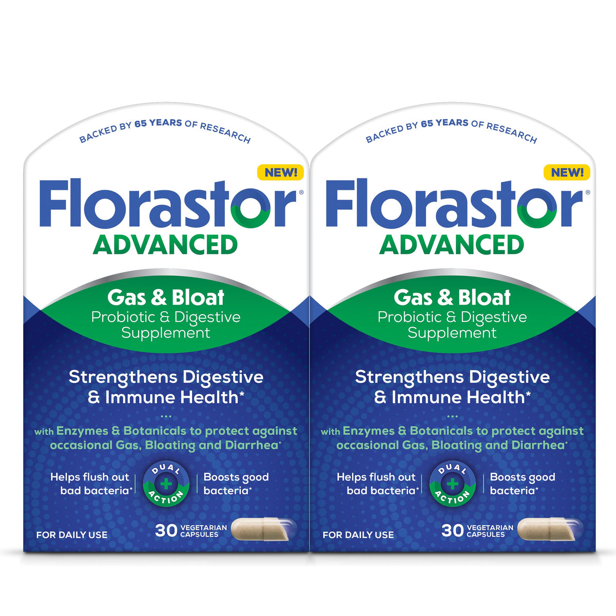 Florastor Advanced bottle with capsules for daily gut balance.
