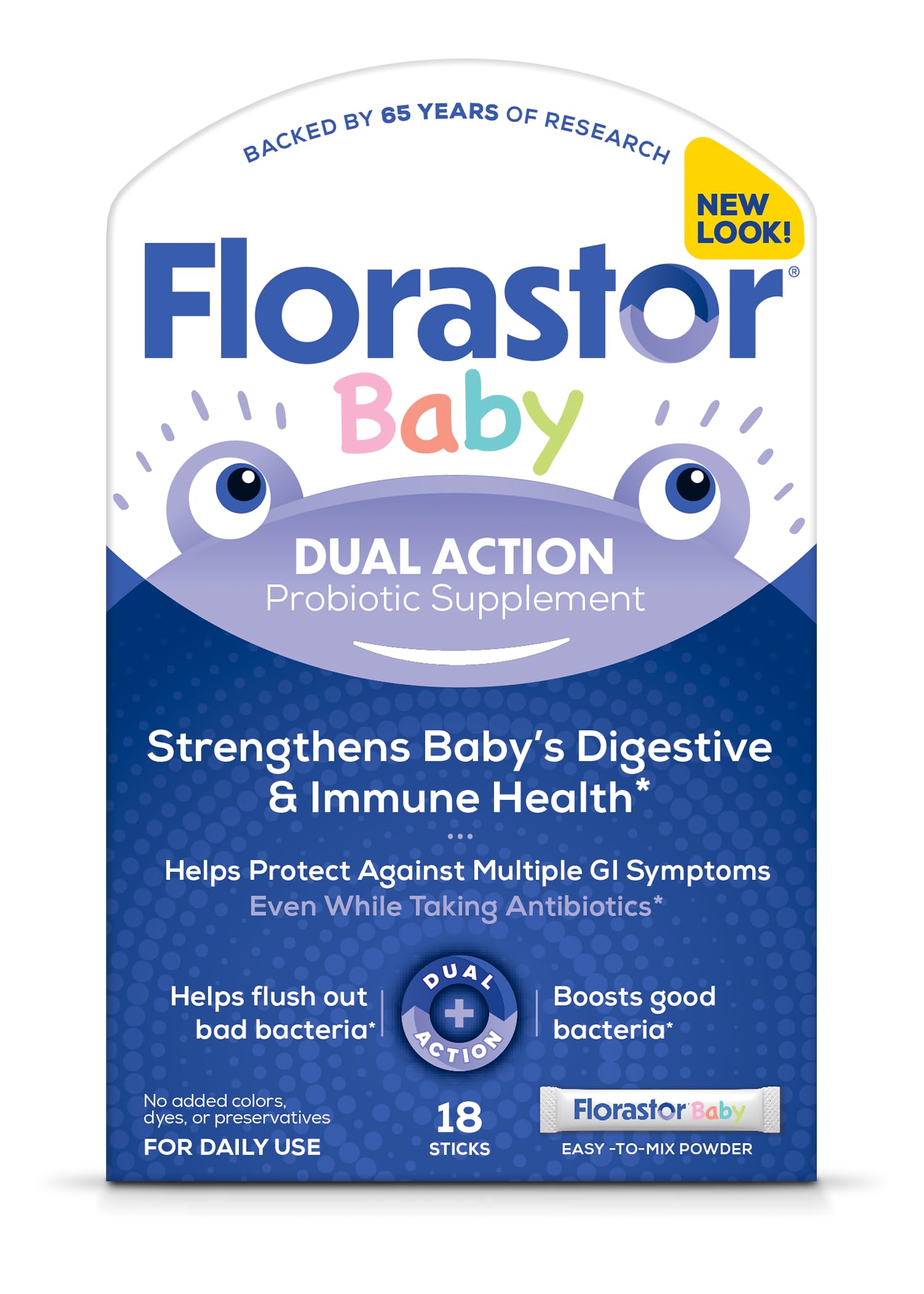 Florastor Baby powder sticks beside a bottle, supporting gentle gut balance.