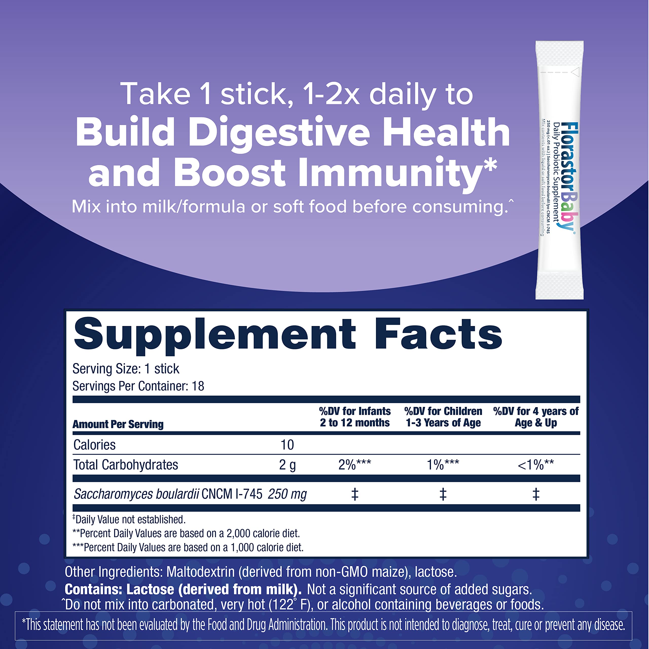 Florastor Baby powder sticks shown with formula for flexible feeding.