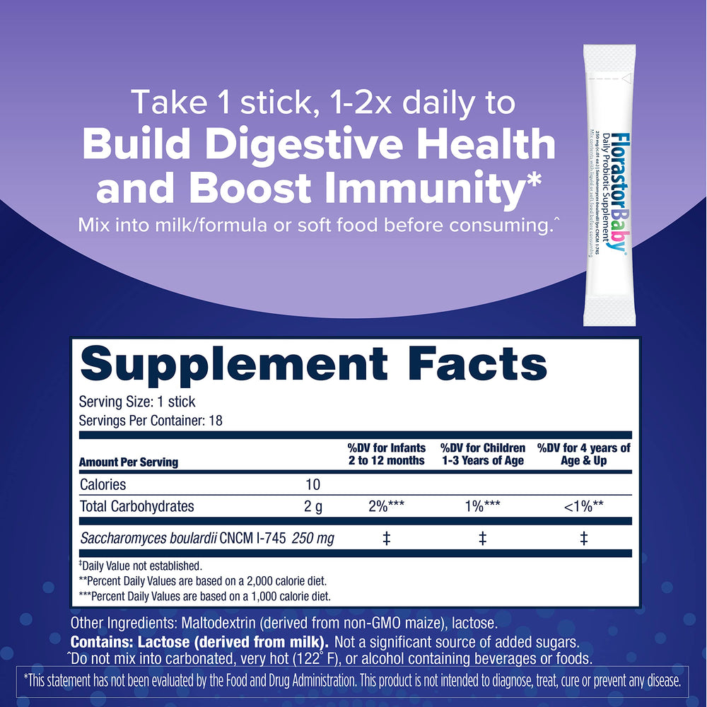 Florastor Baby powder sticks shown with formula for flexible feeding.