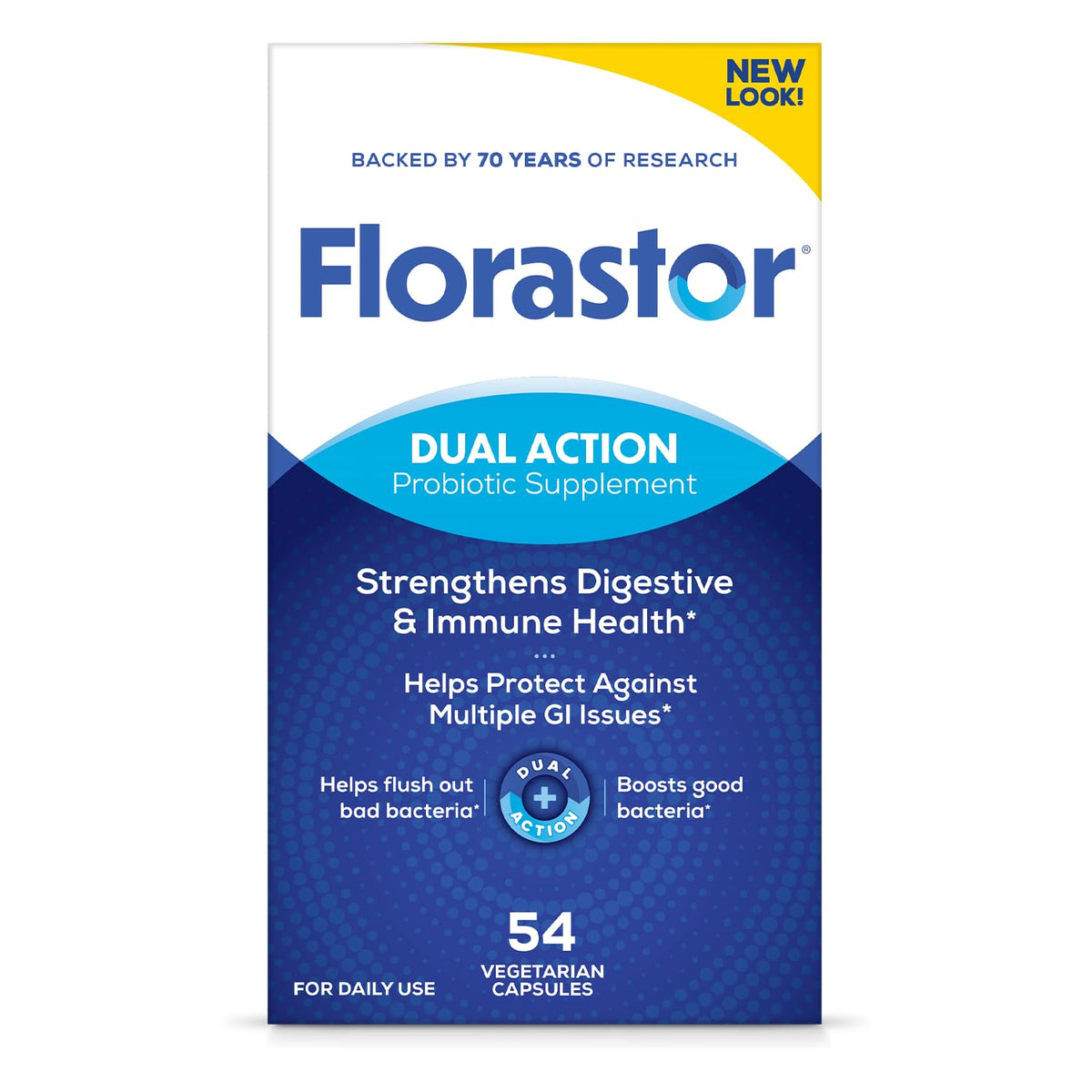 Florastor bottle front with capsules promotes digestive balance and daily wellness.