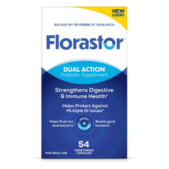 Florastor bottle front with capsules promotes digestive balance and daily wellness.