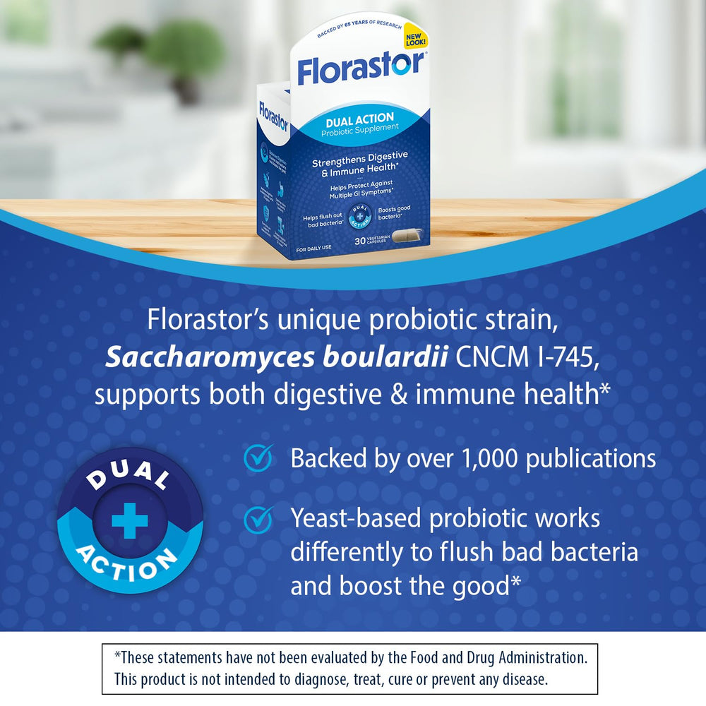 Two Florastor capsules for convenient daily digestive support