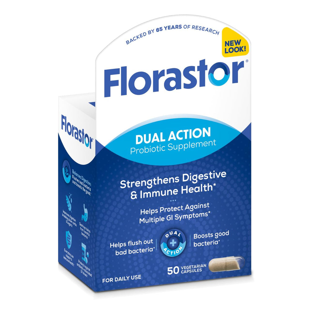 Florastor Dual Action probiotic bottle with capsules supports balanced digestion and immune health