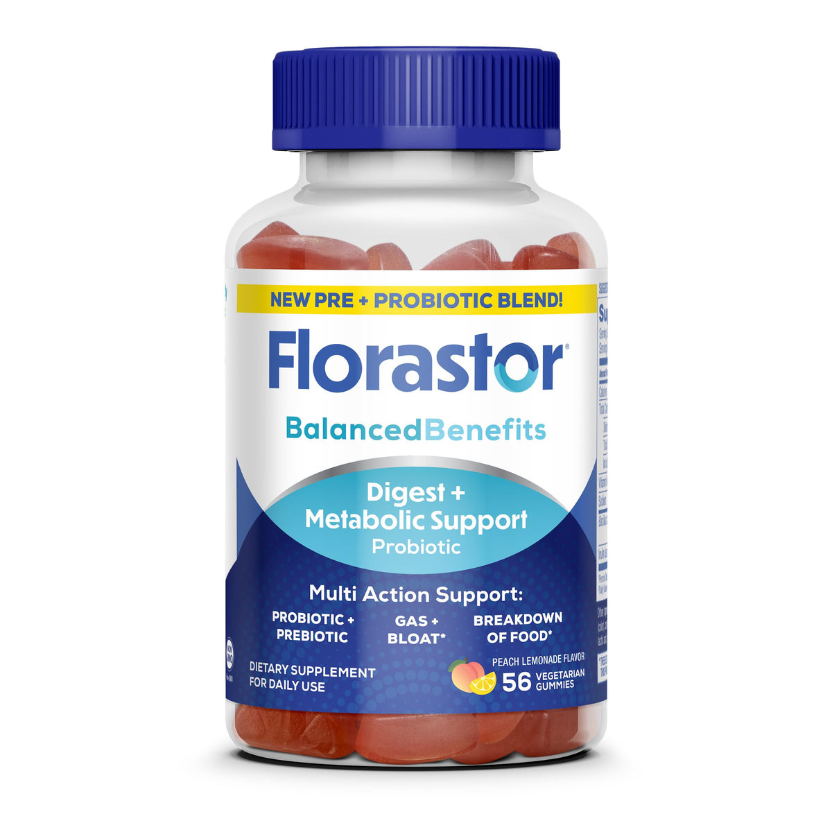 Florastor gummies bottle packaging for convenient daily digestive support.
