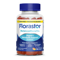 Florastor gummies bottle packaging for convenient daily digestive support.