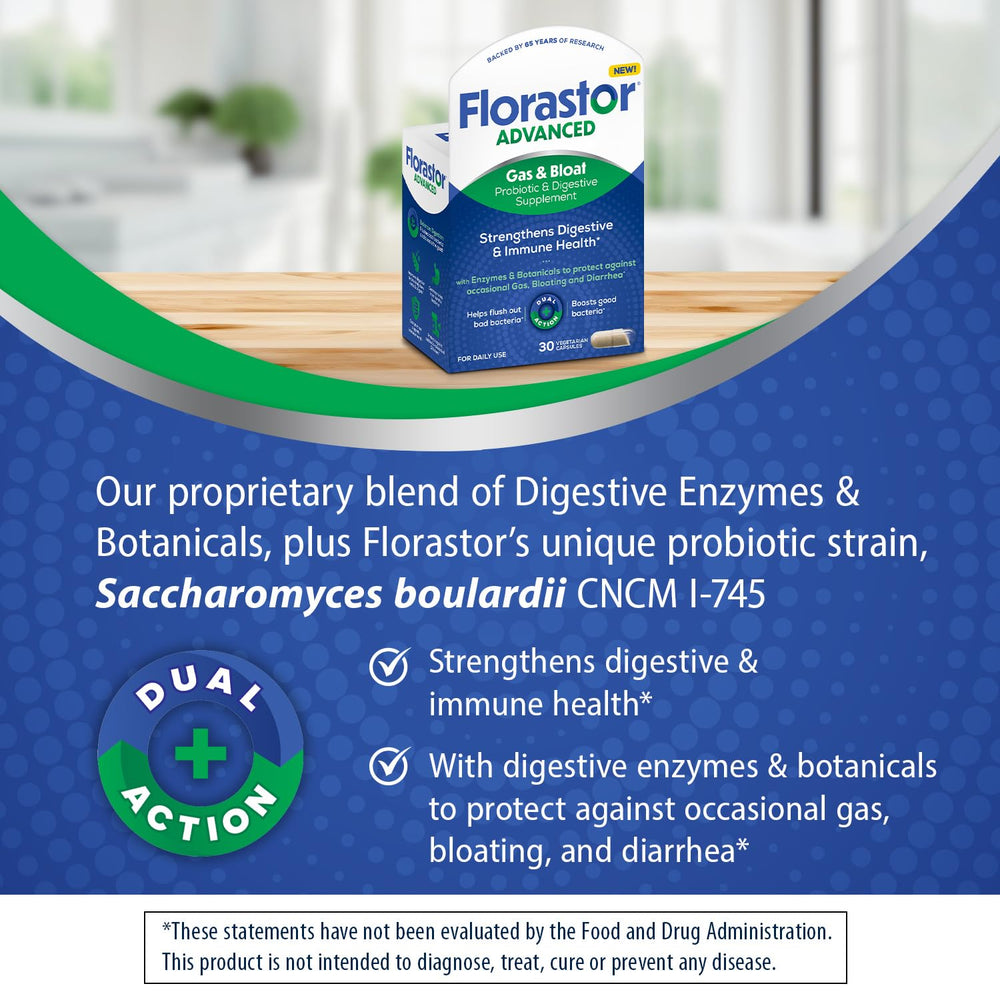 Florastor probiotic capsules with enzyme blend support digestion.