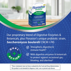 Florastor probiotic capsules with enzyme blend support digestion.