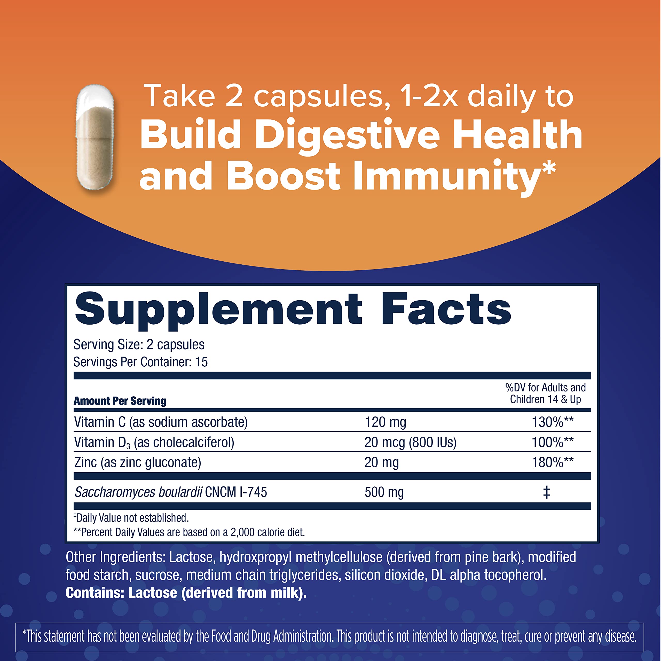 Florastor Select Immunity Boost capsules close-up emphasizes larger probiotic cells for wider gut coverage.