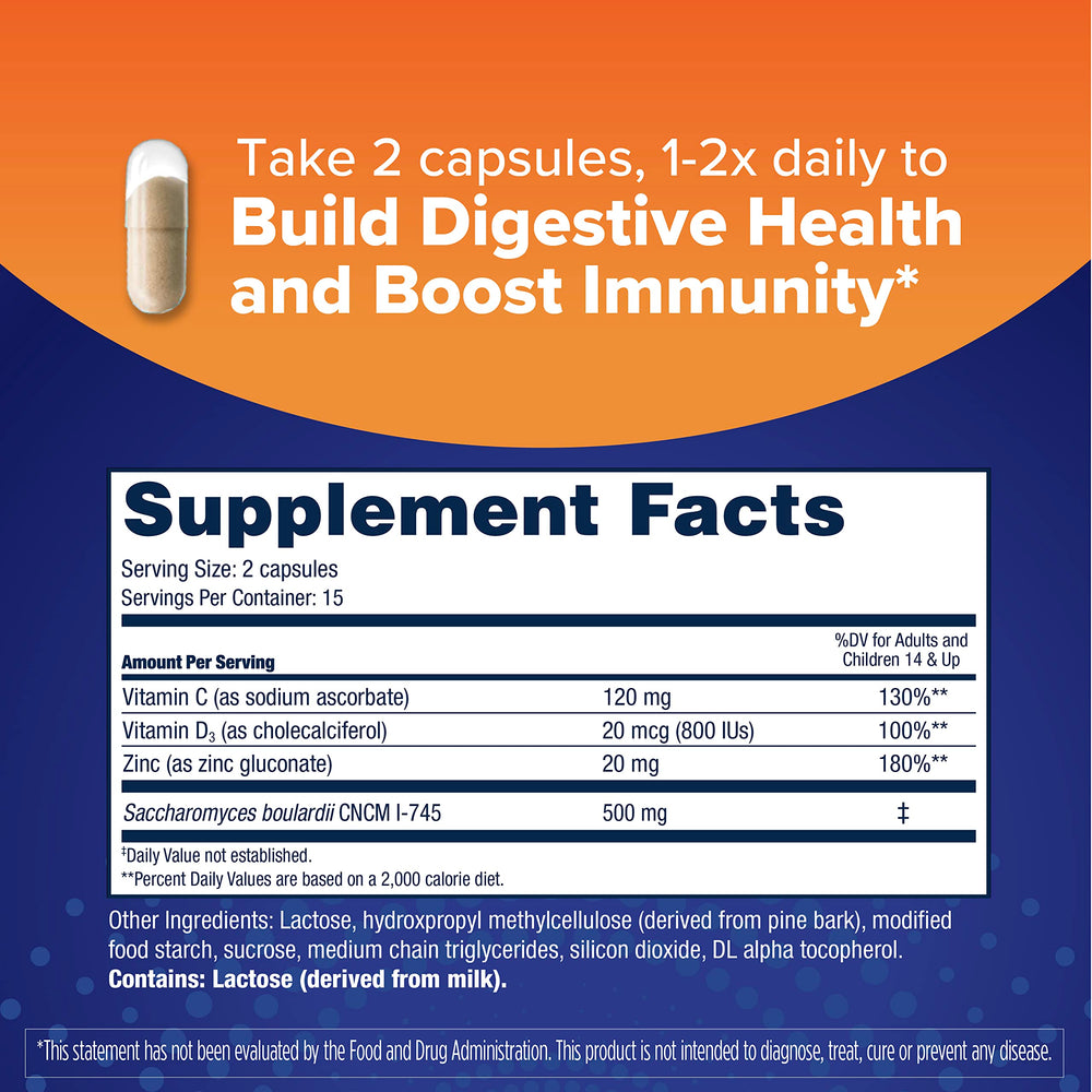 Florastor Select Immunity Boost capsules close-up emphasizes larger probiotic cells for wider gut coverage.