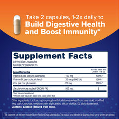 Florastor Select Immunity Boost capsules close-up emphasizes larger probiotic cells for wider gut coverage.