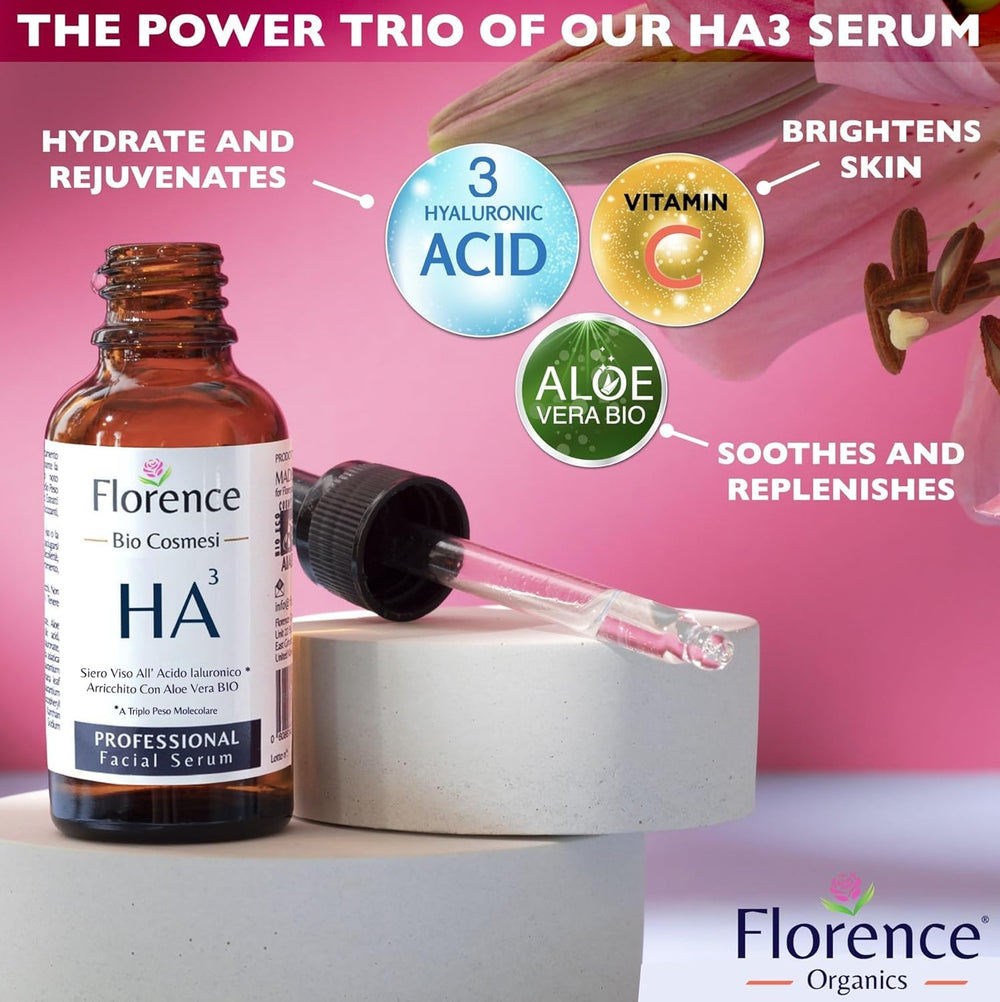 Florence Multi-molecular HA delivers layered surface hydration.