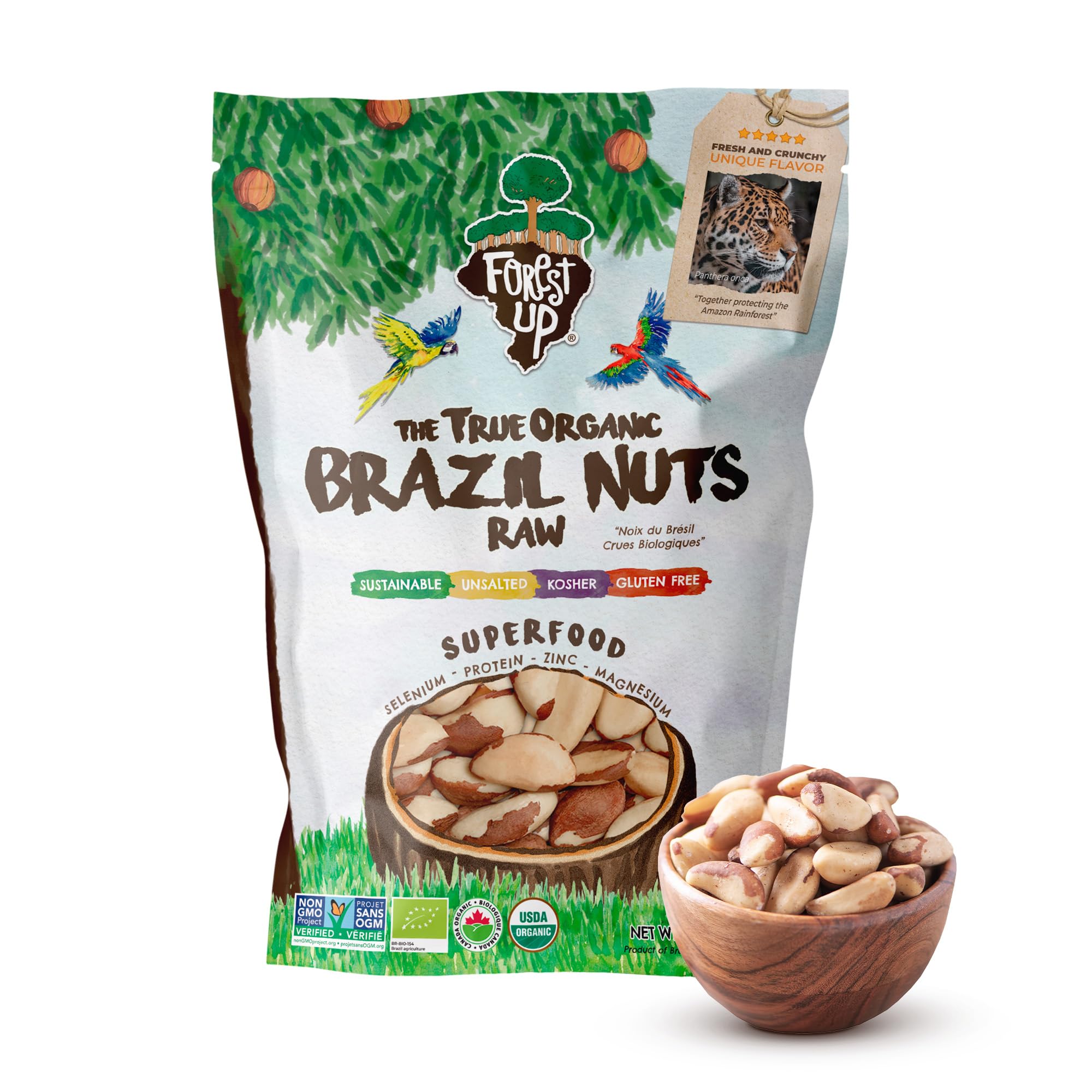 Floresta em Pé Brazil nuts front packaging, fresh and natural snacking option.
