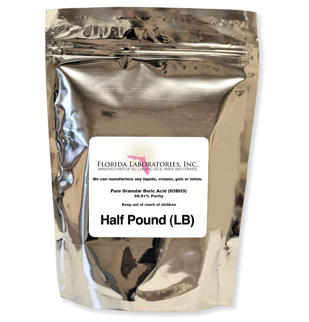 Florida Laboratories boric acid powder half-pound ready for DIY formulations and safe storage.