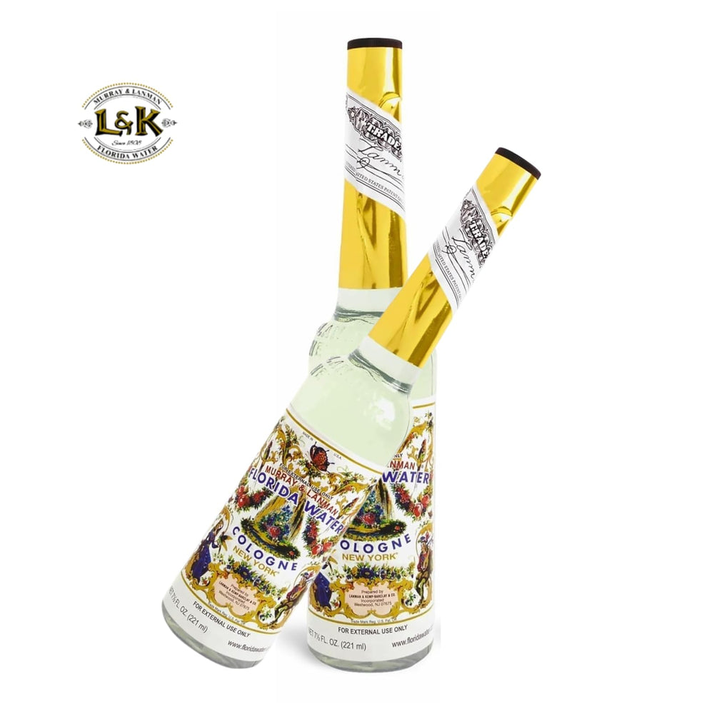 Florida Water aftershave bottle closeup highlights lemon and floral notes for an uplifting scent.