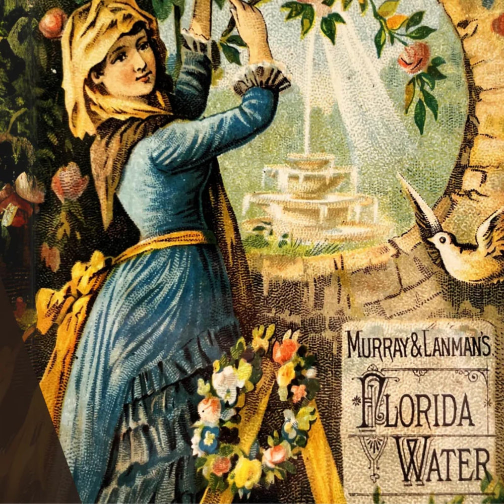 Florida Water bottle notes closeup captures lemon, clove, neroli bouquet for a refreshing feel.