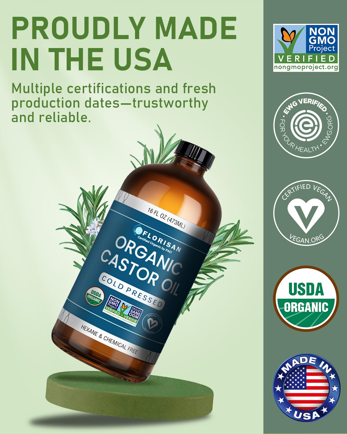 Florisan Cold-Pressed Castor Oil texture highlights purity and use on scalp.