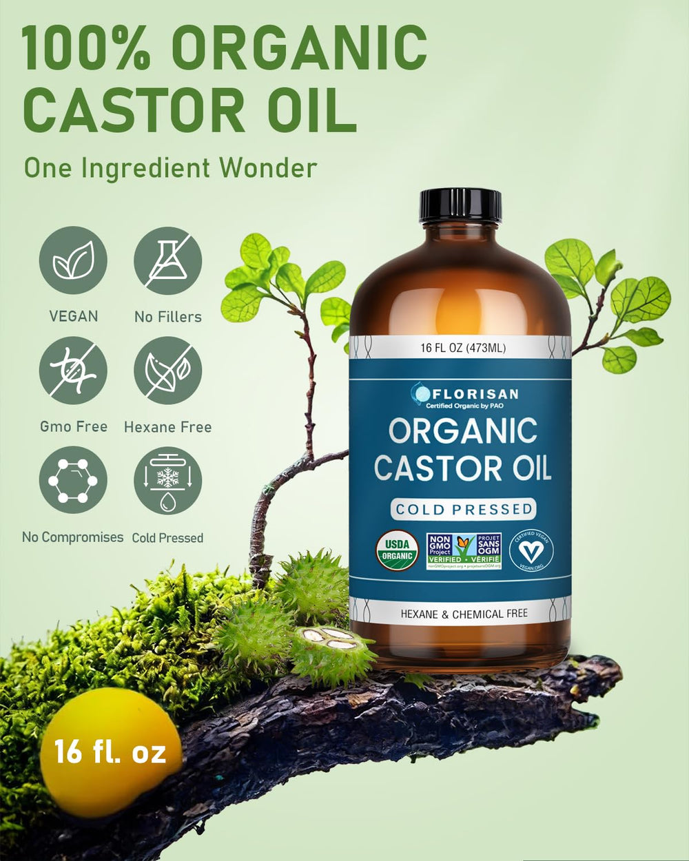 Florisan Hexane-Free Castor Oil bottle emphasizes purity for daily care.
