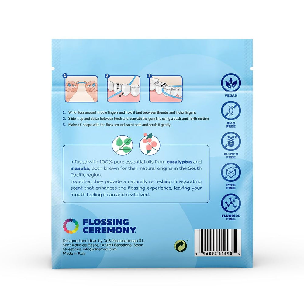 FLOSSING CEREMONY vegan natural dental floss packaging emphasizes eco-friendly choice.