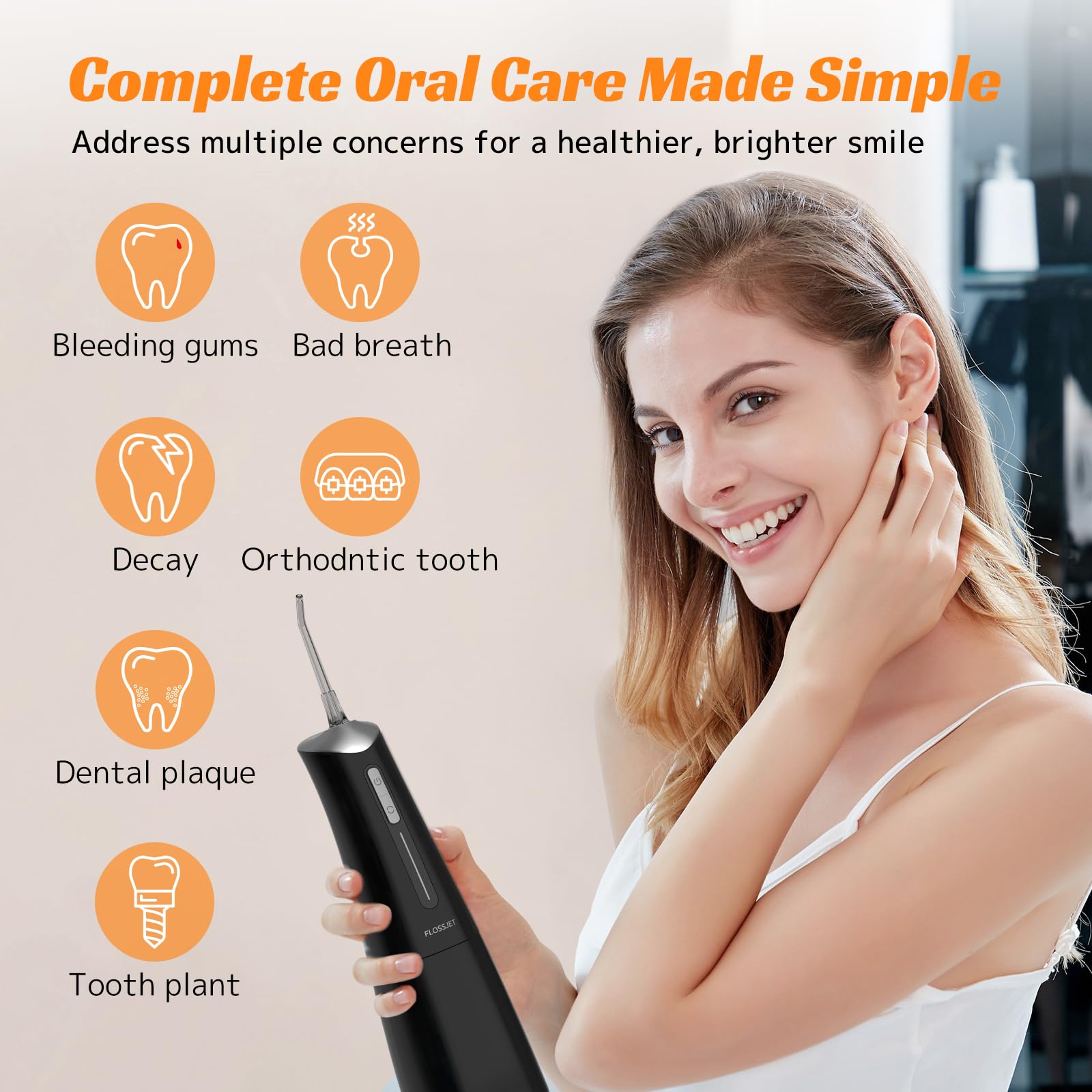 FlossJet five tips support braces, gums, and breath freshening.