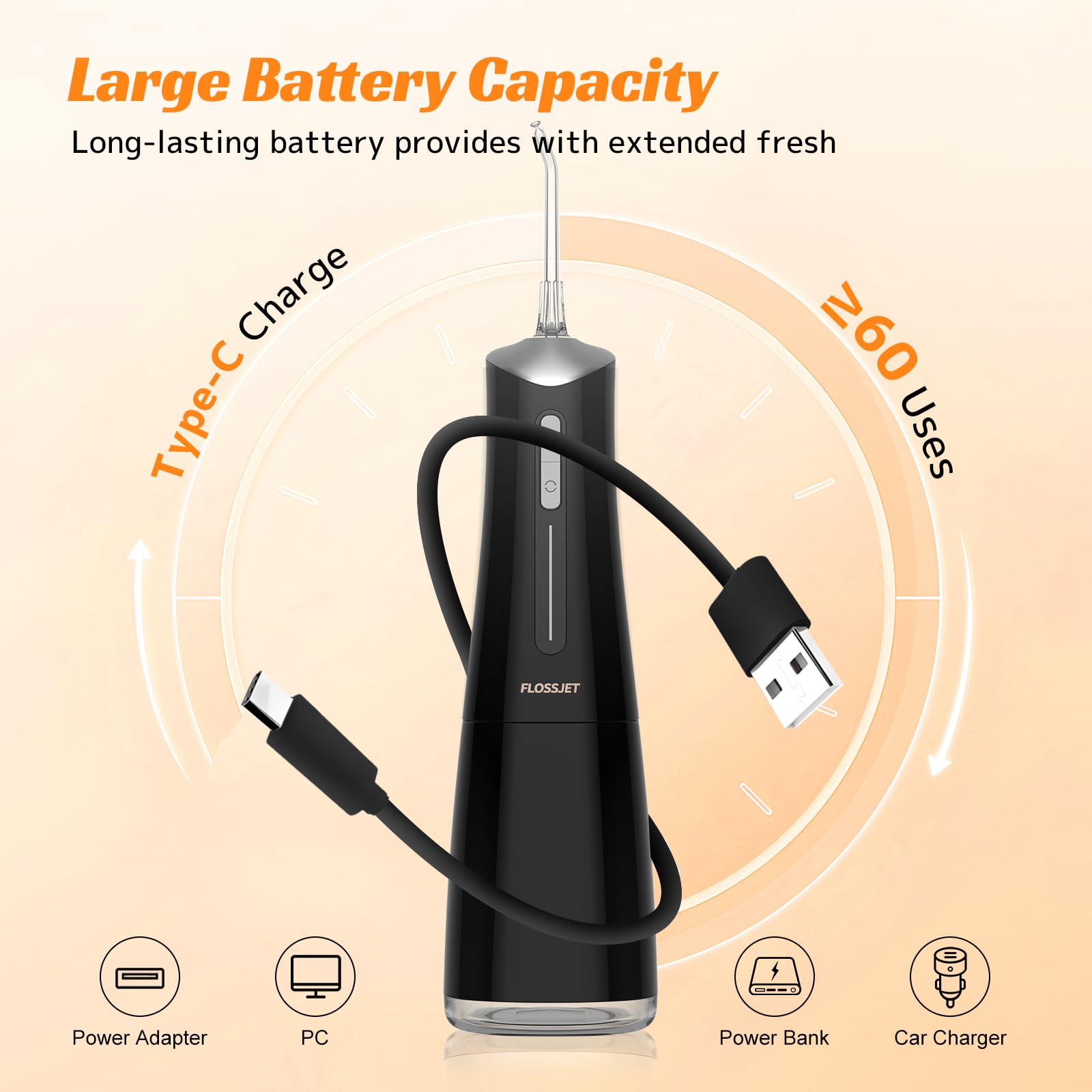 FlossJet USB-C charging for quick power on the go.