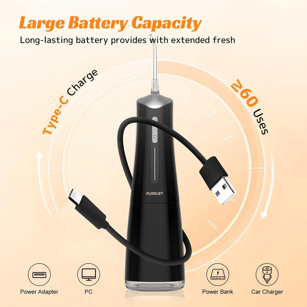 FlossJet USB-C charging for quick power on the go.