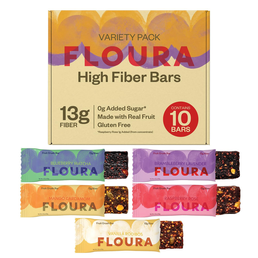 Floura bar closeup highlights vibrant fruit texture for a high fiber plant based snack