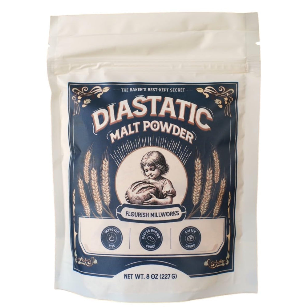 Flourish Millworks Diastatic Malt Powder bottle for natural rise and browning.