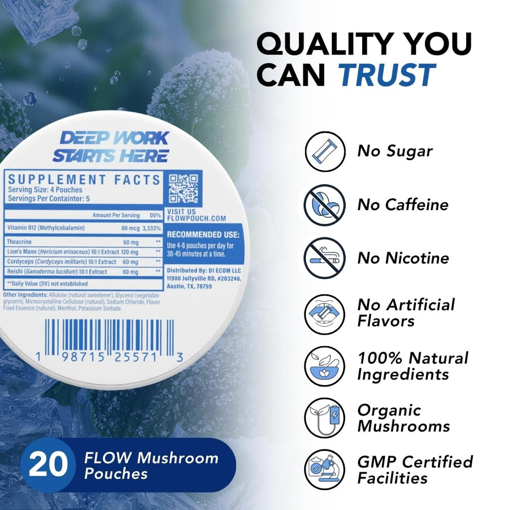 Flow Pouches 600mg mushroom energy shot for daily productivity.