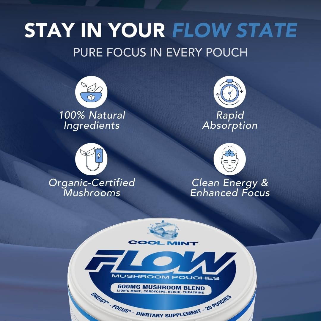 Flow Pouches cool mint pack on desk promoting caffeine-free focus.