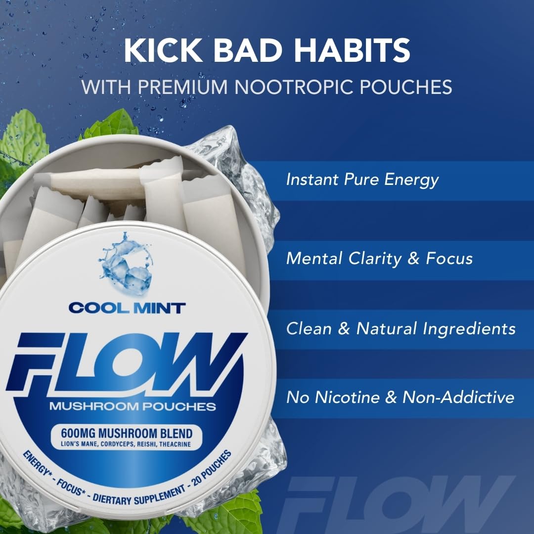 Flow Pouches mushroom blend close-up for steady clean energy during study sessions.