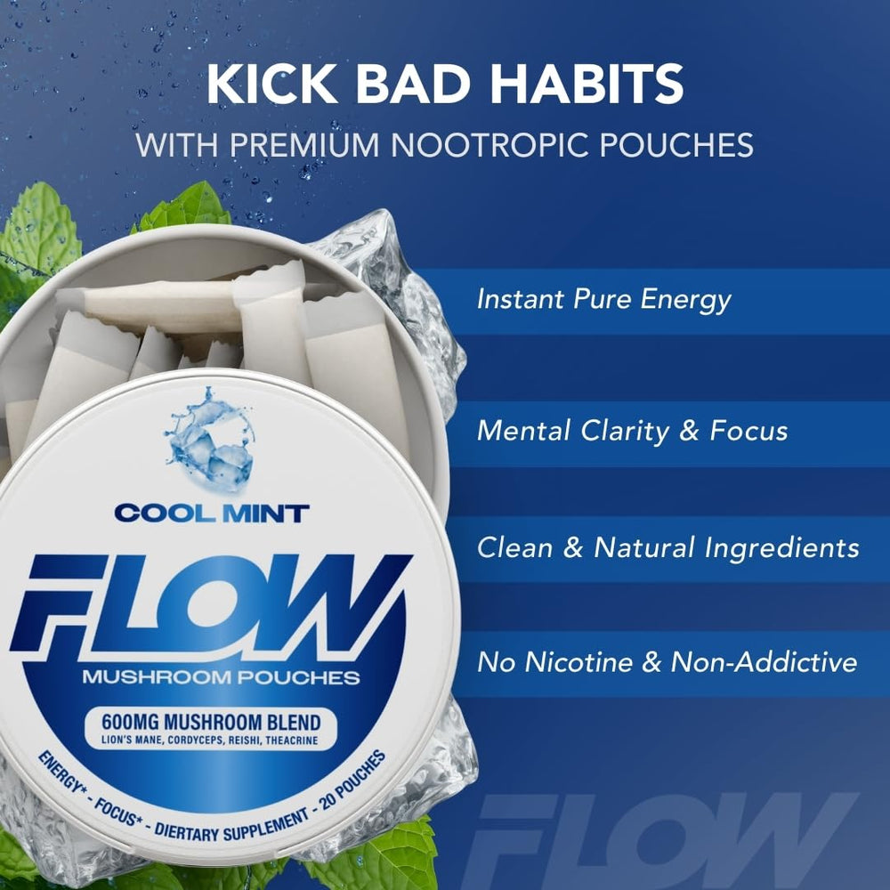 Flow Pouches mushroom blend close-up for steady clean energy during study sessions.