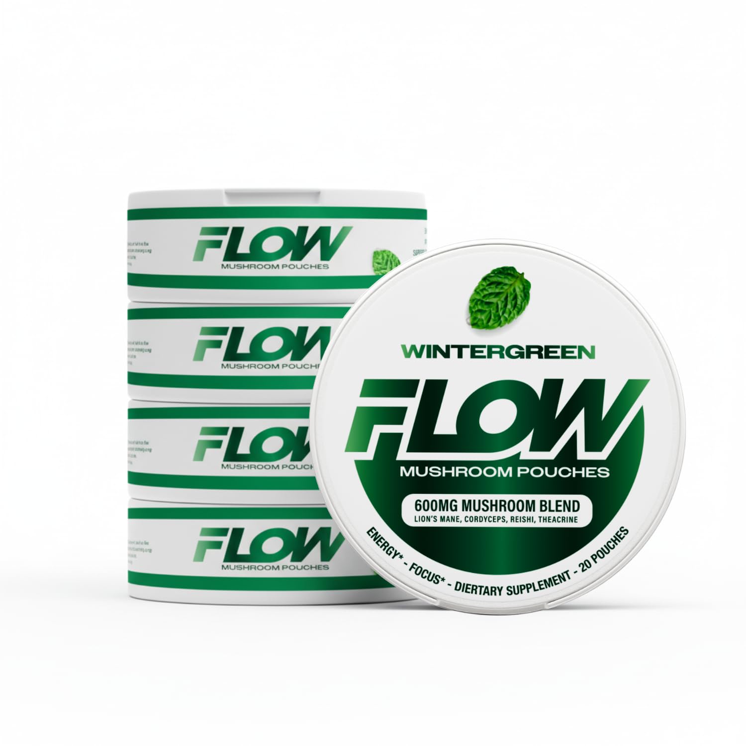 Flow Pouches Mushroom Nootropic box front highlights clean energy concept