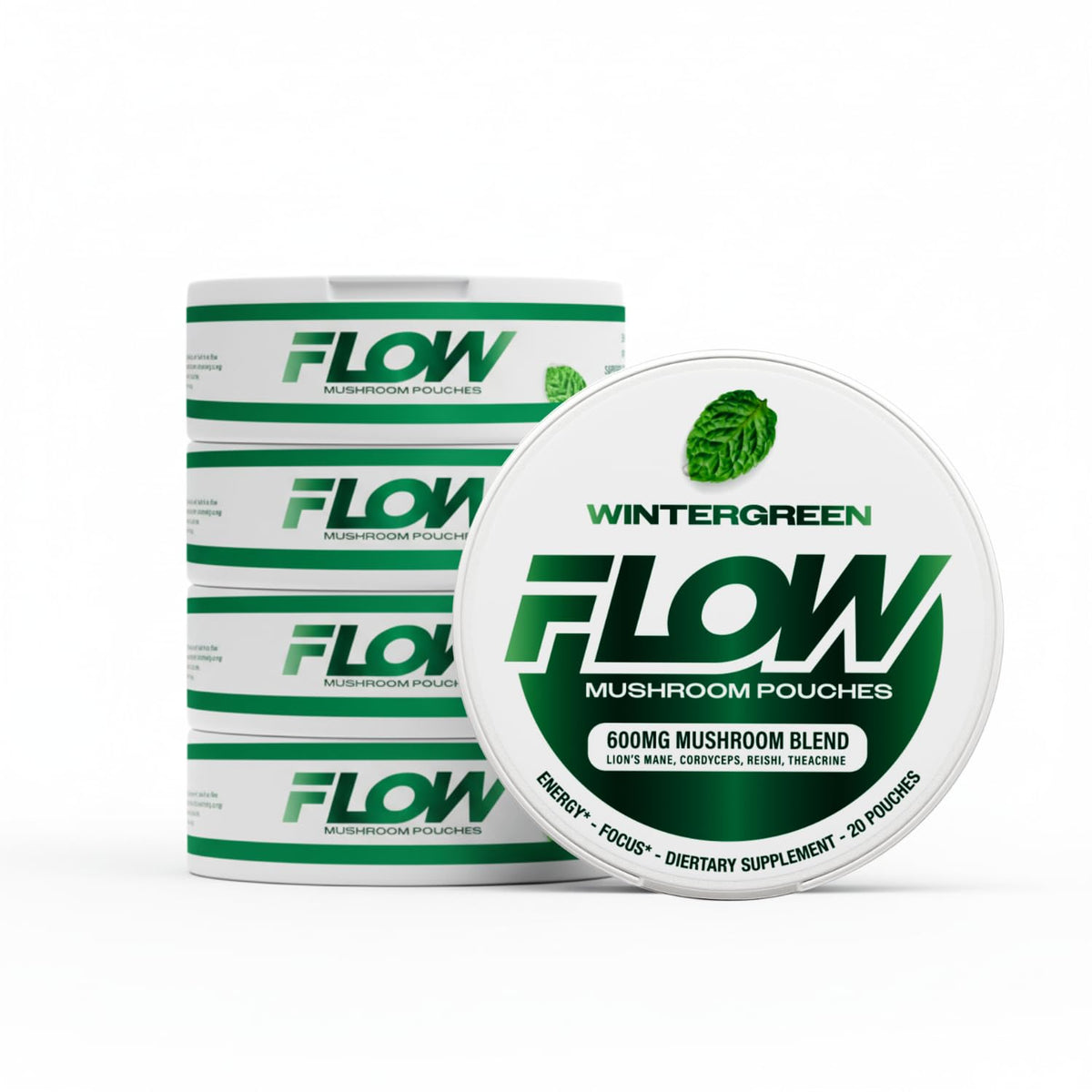Flow Pouches Mushroom Nootropic box front highlights clean energy concept