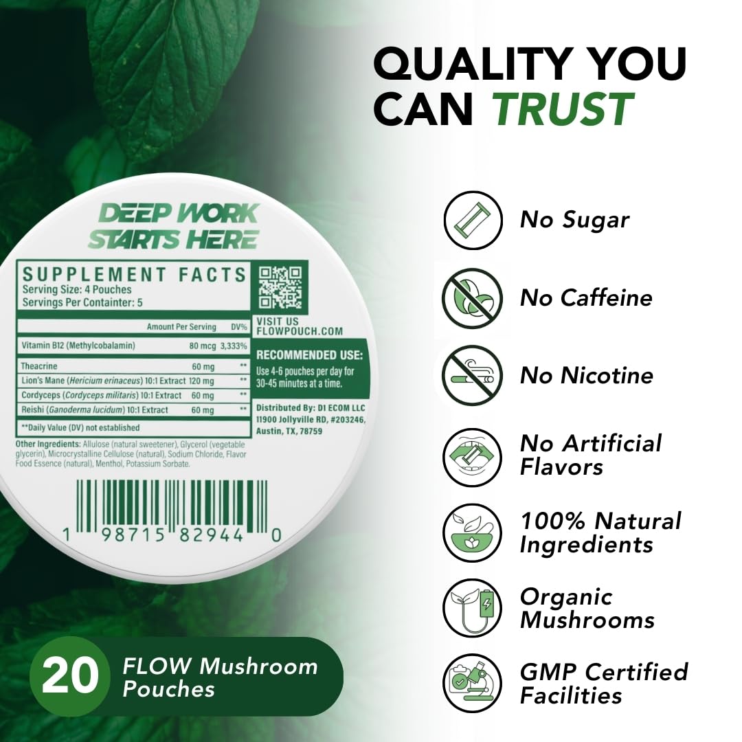 Flow Pouches Mushroom Nootropic closeup label emphasizes organic ingredients