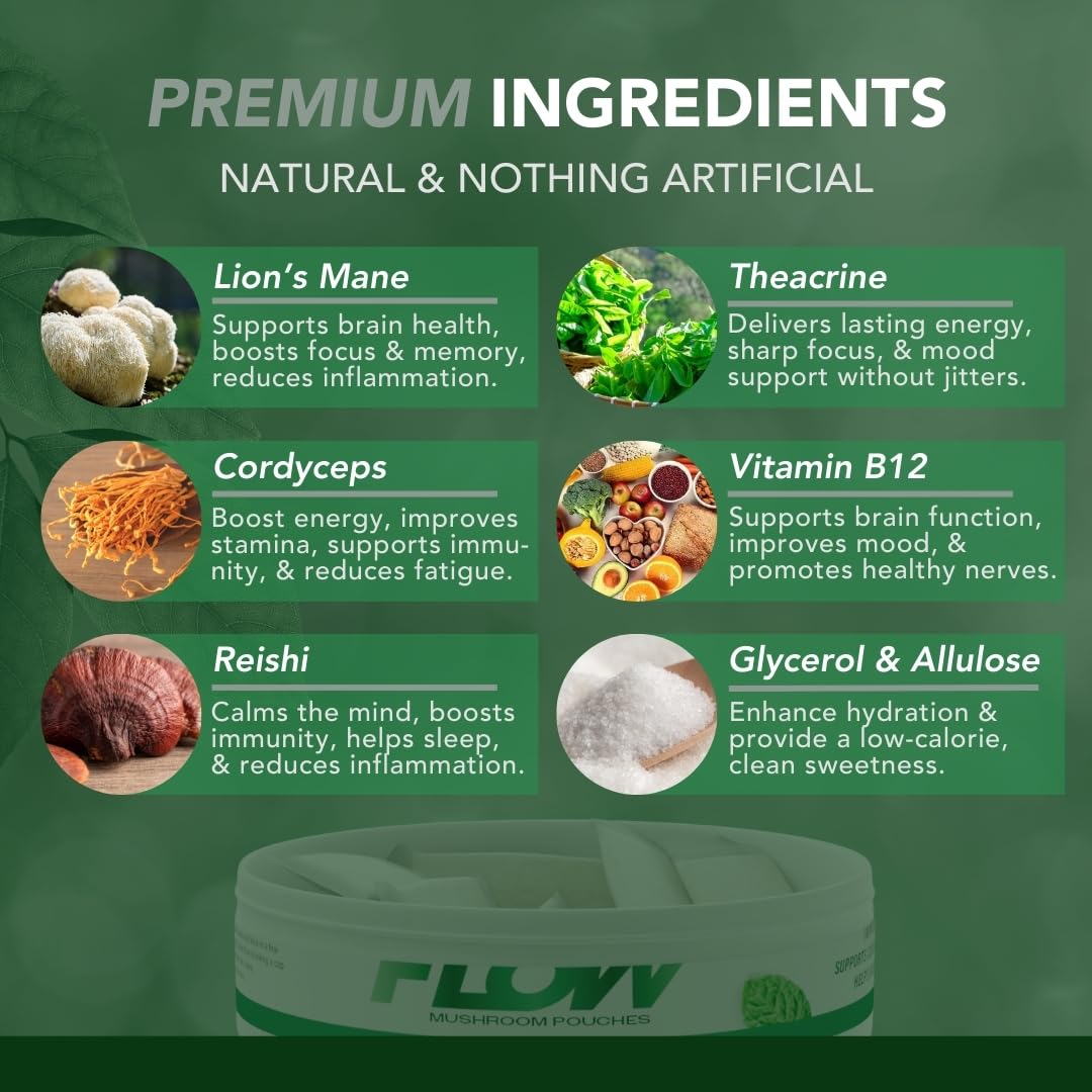 Flow Pouches Mushroom Nootropic ingredients panel featuring Lion’s Mane Reishi Cordyceps