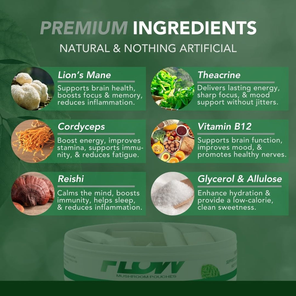 Flow Pouches Mushroom Nootropic ingredients panel featuring Lion’s Mane Reishi Cordyceps