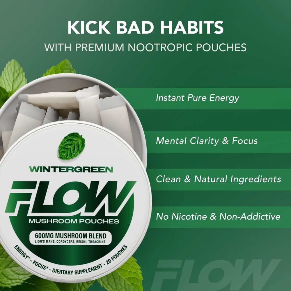 Flow Pouches Mushroom Nootropic packaging label shows organic mushroom blend