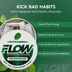 Flow Pouches Mushroom Nootropic packaging label shows organic mushroom blend